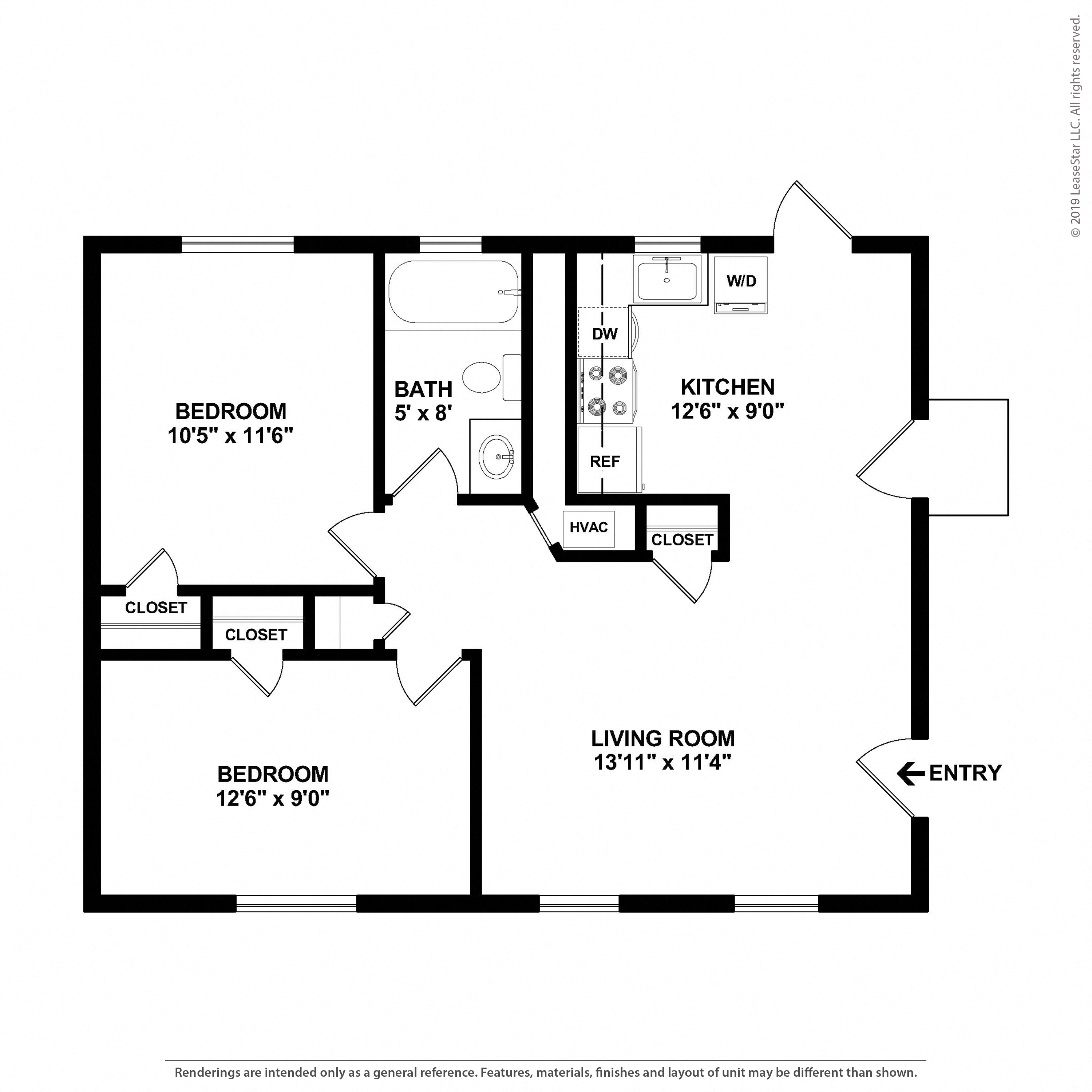 2 Bedroom 1 Bath Floor Plan at Crestwood at Libbie, Richmond, Virginia